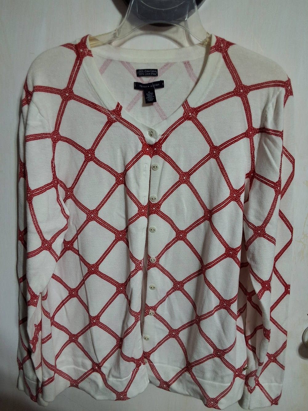 Tommy Hilfiger White Cardigan with Red Diamond Lattice Print XL